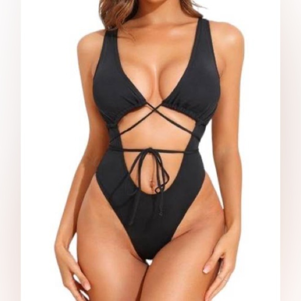 Cut Out Front Plunging Tie One Piece Swimsuit